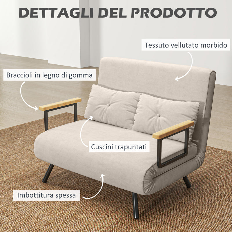 Divano Letto con Schienale Reclinabile e 2 Cuscini in Tessuto Effetto Velluto Bianco Crema  -6