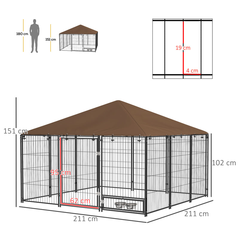 Recinto per Cani con Porticina per Ciotole 211x211x151 cm in Metallo e Tessuto Oxford Nero e Marrone-3