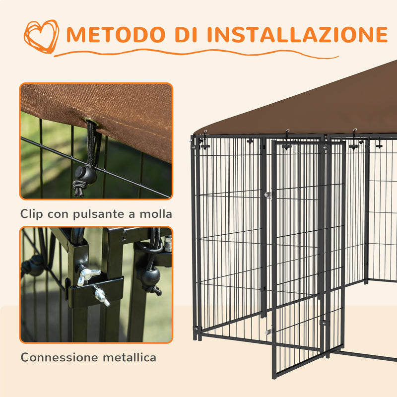 Recinto per Cani con Porticina per Ciotole 211x211x151 cm in Metallo e Tessuto Oxford Nero e Marrone-7