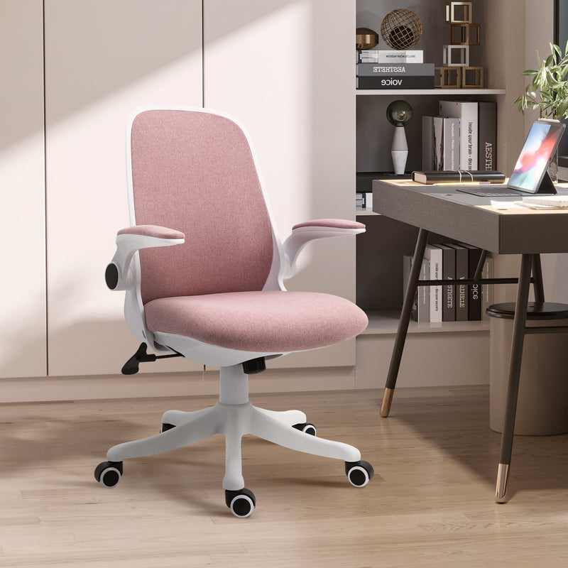 Sedia da Ufficio Ergonomica Altezza Regolabile 62,5x60x94-104 cm in Tessuto Effetto Lino Bianco e Rosa  -2