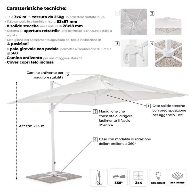 Ombrellone da Giardino Decentrato 3x4m Roma Bianco-9