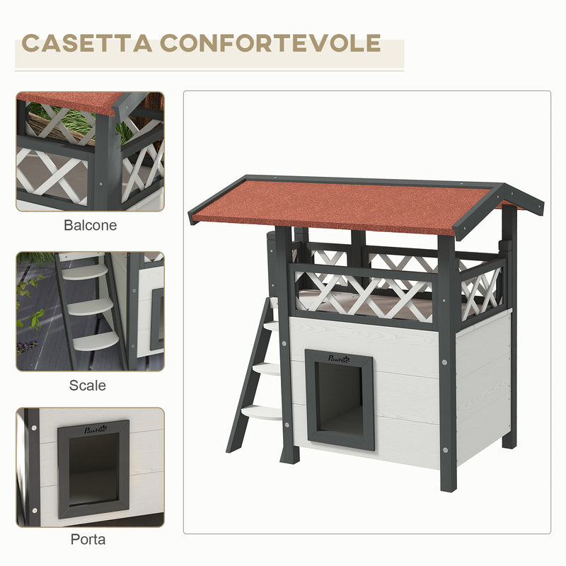 Casetta per Gatti da Esterno con Terrazza e Scaletta 77x50x73 cm in Legno Bianco e Grigio-4