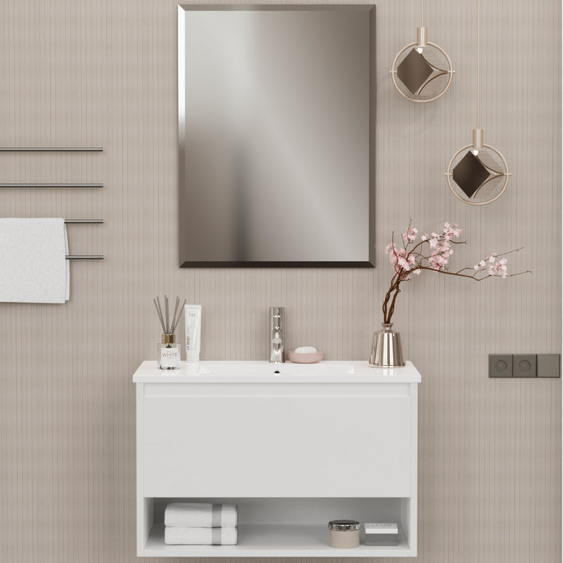 Mobile Bagno Sospeso 80 cm Lavabo e Specchio Milano Bianco Lucido-1