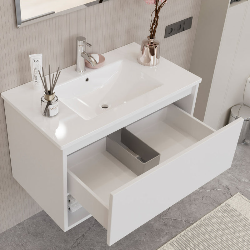 Mobile Bagno Sospeso 80 cm Lavabo e Specchio Milano Bianco Lucido-2