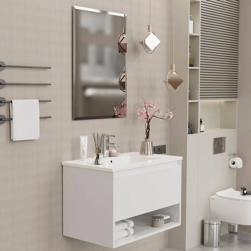 Mobile Bagno Sospeso 80 cm Lavabo e Specchio Milano Bianco Lucido-4