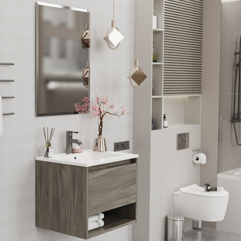 Mobile Bagno Sospeso 60 cm Lavabo e Specchio Milano Rovere-2