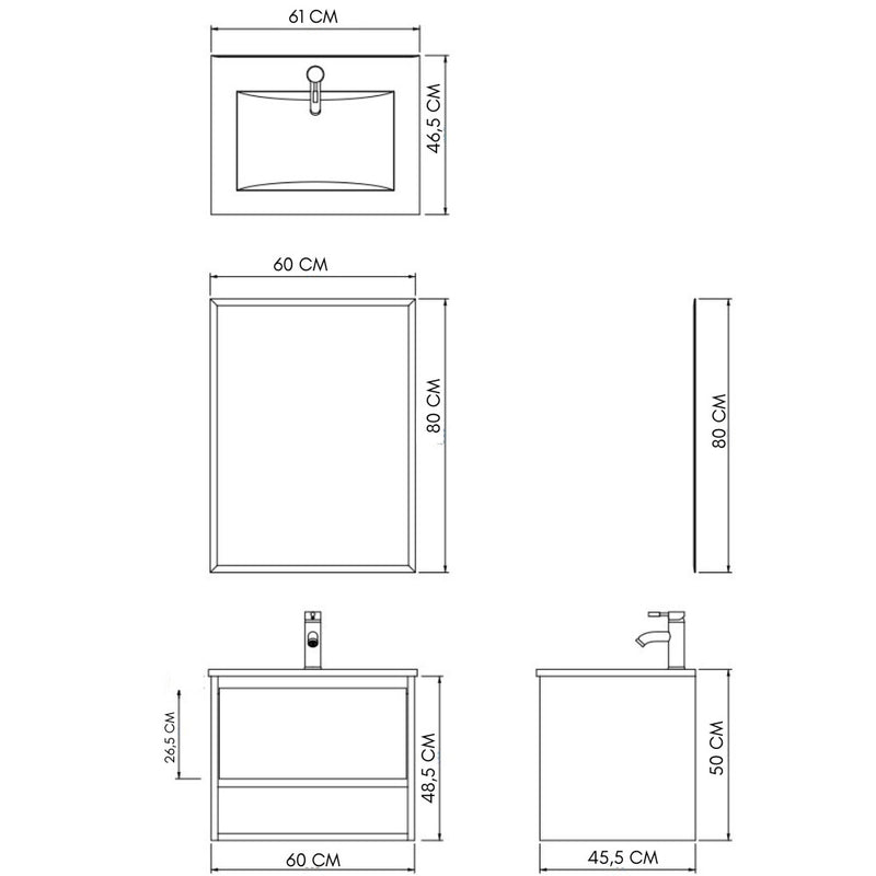 Mobile Bagno Sospeso 60 cm Lavabo e Specchio Milano Rovere-5