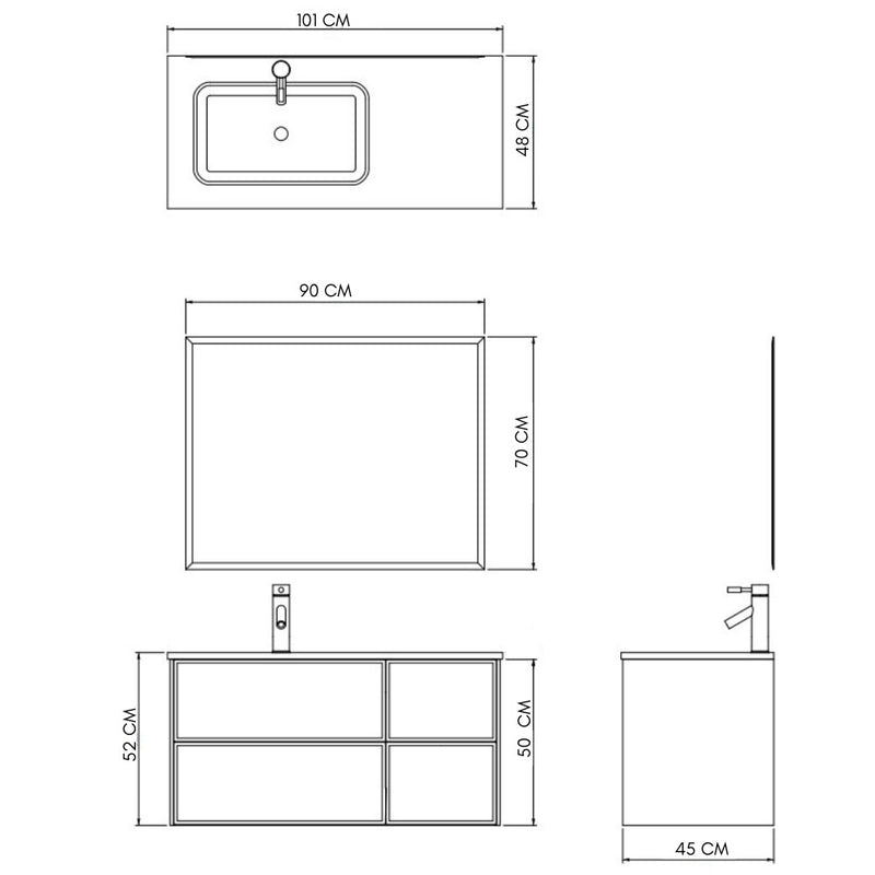 Mobile Bagno Sospeso 100 cm Lavabo e Specchio Malibù Grigio-5