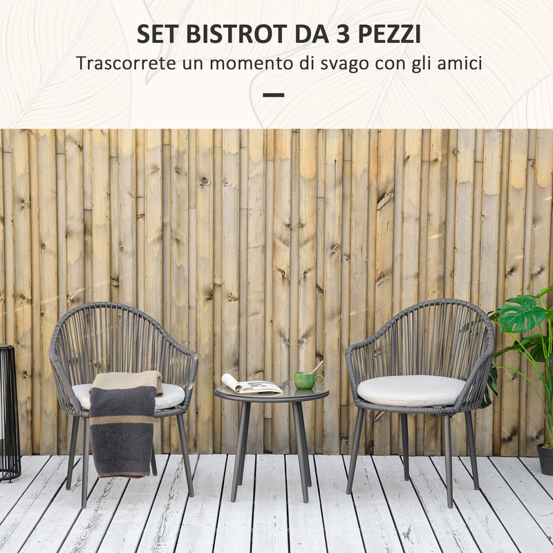 Set Tavolino da Caffè con Piano in Vetro e 2 poltroncine da Giardino in Rattan con Cuscini Grigio-4