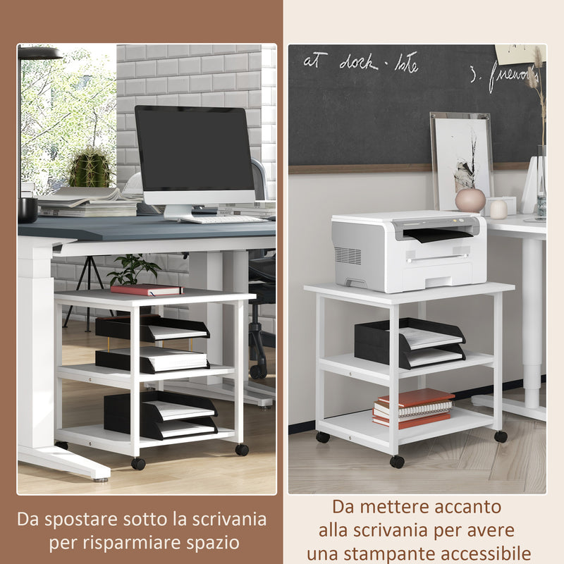 Carrello Porta Stampante a 3 Ripiani con 4 Ruote 50x50x52,5 cm Legno e Acciaio Bianco-6