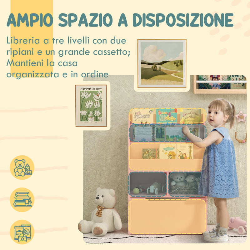 Libreria per Bambini con Ripiani Mensole e Cassetto 60x29,9x90 cm in MDF Rosa -4