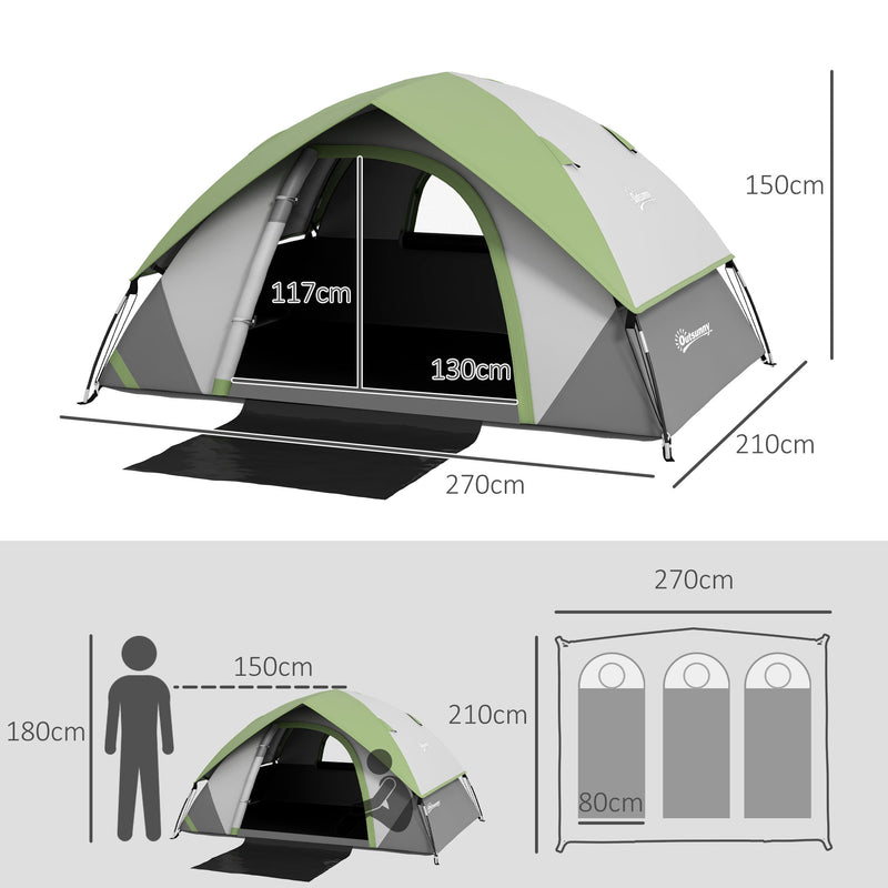 Tenda da Campeggio 3 Posti con Finestra a Rete 270x210x150 cm in Poliestere e Fibra di Vetro Grigio e Verde-3