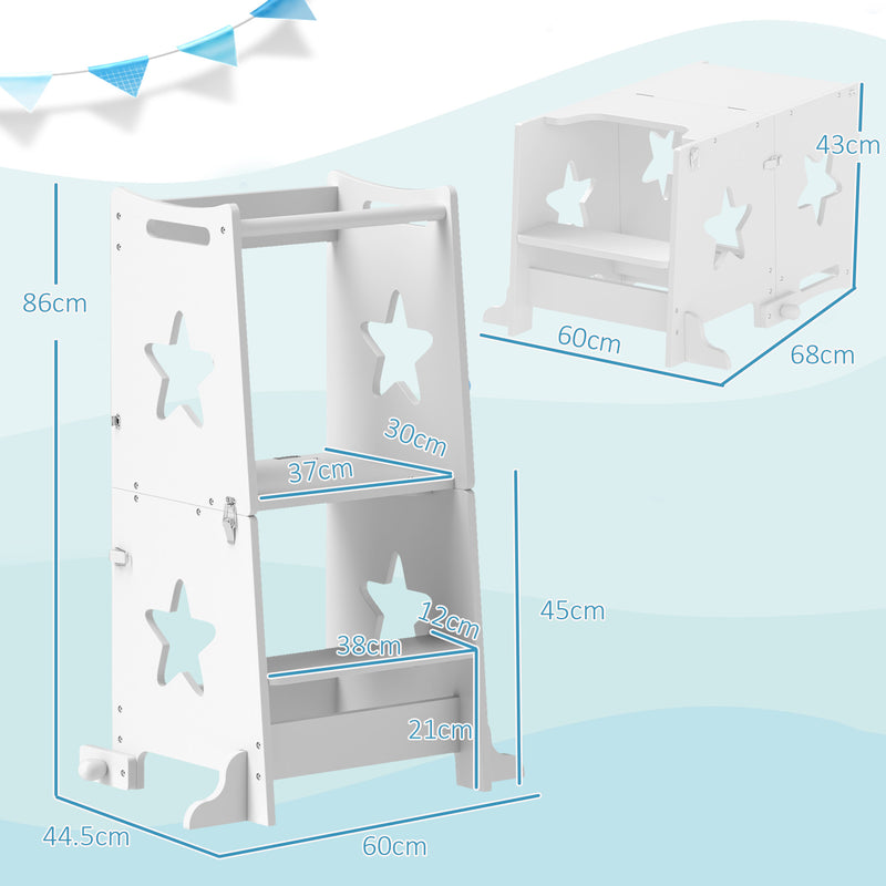 Torre Montessoriana Scala Convertibile in Tavolo con Sedia 60x44,5x86 cm in Legno Bianco -3