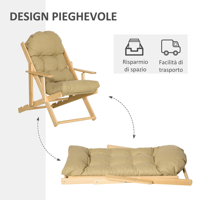 Sedia Pieghevole con Braccioli e Cuscino 71x89x96 cm in Legno di Faggio e Tessuto Marrone -6