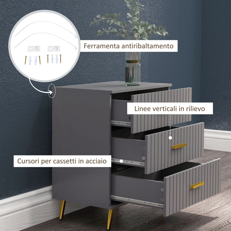 Cassettiera 3 Cassetti Design Moderno 60x40x71,5 cm in Legno e Alluminio Oro e Grigio Scuro -6