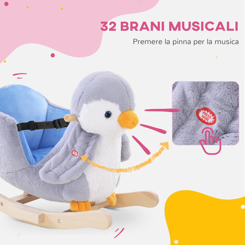 Cavallo a Dondolo per Bambini in Legno e Peluche Pinguino Grigio  -4