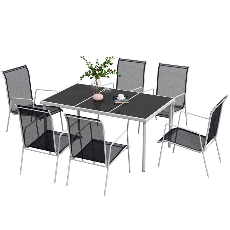Set Tavolo con Top in Vetro 6 Sedie Impilabili da Giardino in Acciaio e Textilene Nero-1