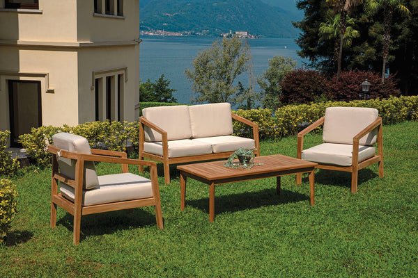 online Set Salotto da Giardino Divano 2 Poltrone e Tavolino Riace in Legno Teak con Cuscini Ecrù