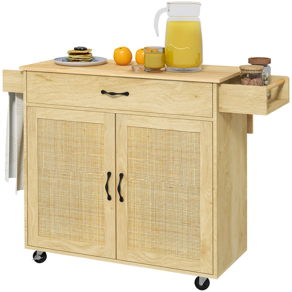 acquista Carrello da Cucina con Piano Pieghevole 120x68x89 cm in Legno e Rattan Stile Boho