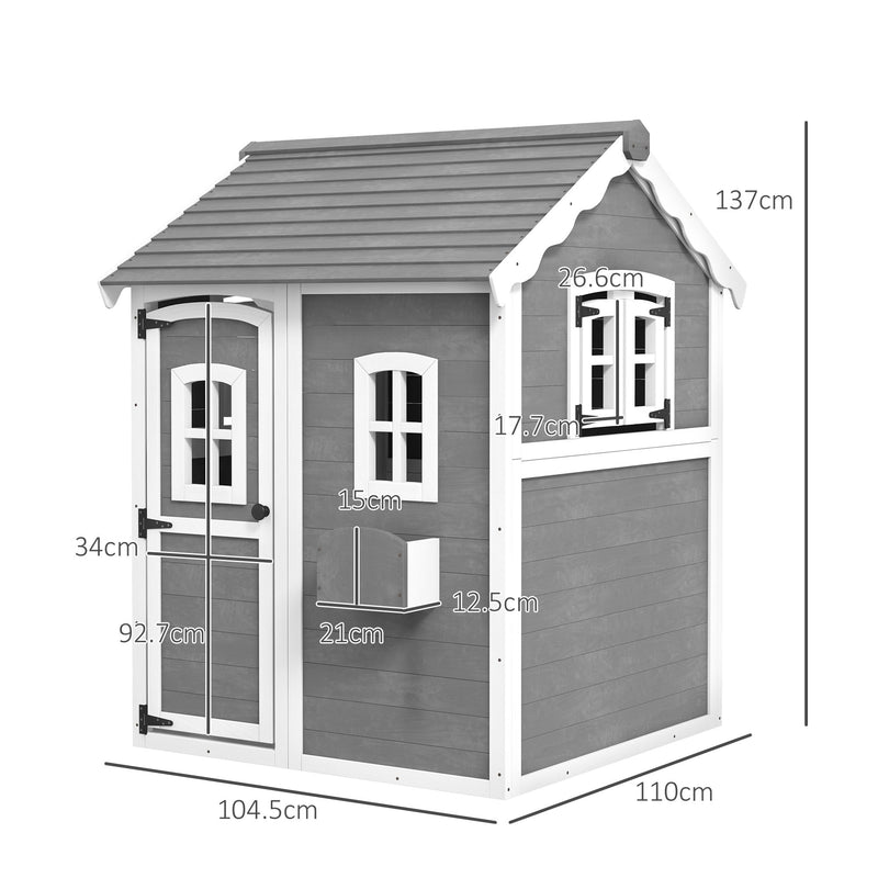 Casetta per Bambini 3-8 Anni con 6 Finestre e Fioriera 104,5x110x137 cm in Legno di Abete Grigia-3