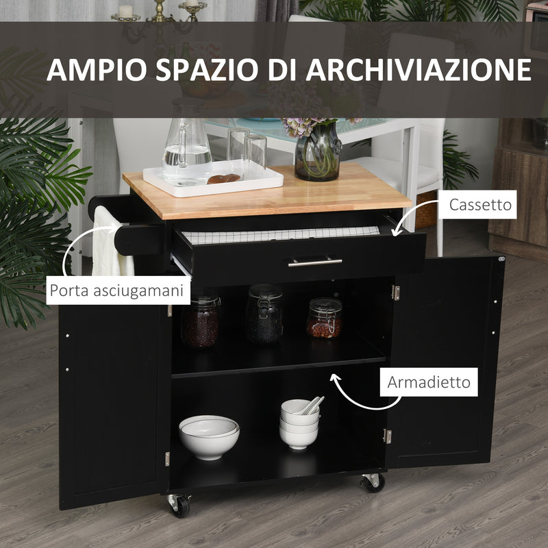 Carrello da Cucina 83x45x91,5 cm con Cassetto e Armadietto 2 Ante Ruote e Barra Laterale Nero-4