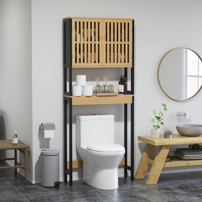 Mobile Sopra WC con Armadietto 2 Ante a Doghe e Ripiano Aperto 60x21,5x172 cm in Bambù e MDF Legno Naturale e Nero-2