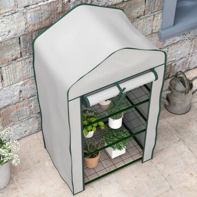 Mini Serra da Giardino con Copertura in PE 59x39x127cm 3 Ripiani e Porta Avvolgibile Bianco-8