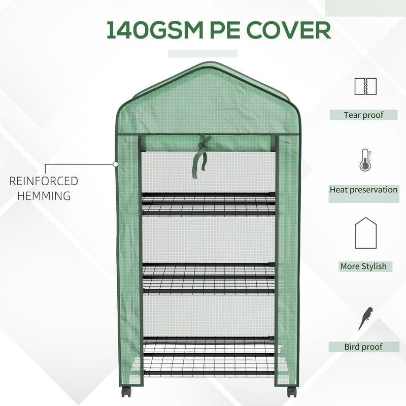 Mini Serra da Giardino con Copertura in PE 69x49x130cm 3 Ripiani e Ruote Verde-5