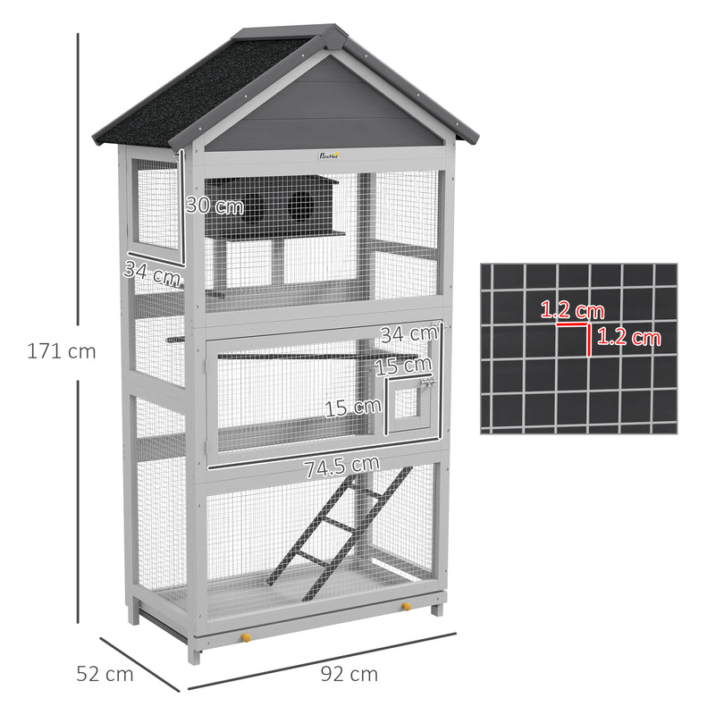 Voliera per Uccellini a 3 Porte con Casetta e Vassoio 92x52x171 cm in Legno e Metallo Grigia e Nera-3