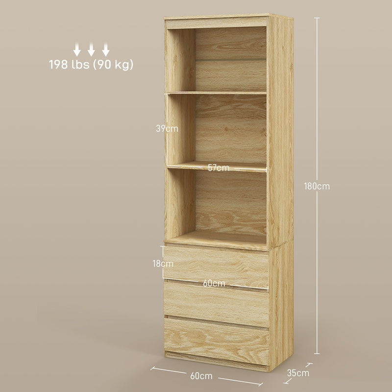 Mobile Libreria con 3 Ripiani e 3 Cassetti 60x35x180 cm in Legno Rovere-3