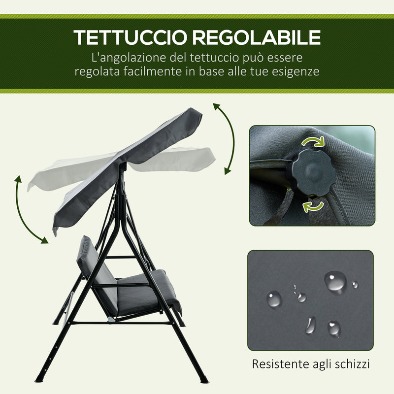 Dondolo 3 Posti con Tettuccio Regolabile 172x110x153 cm in Acciaio e Poliestere Grigio-4