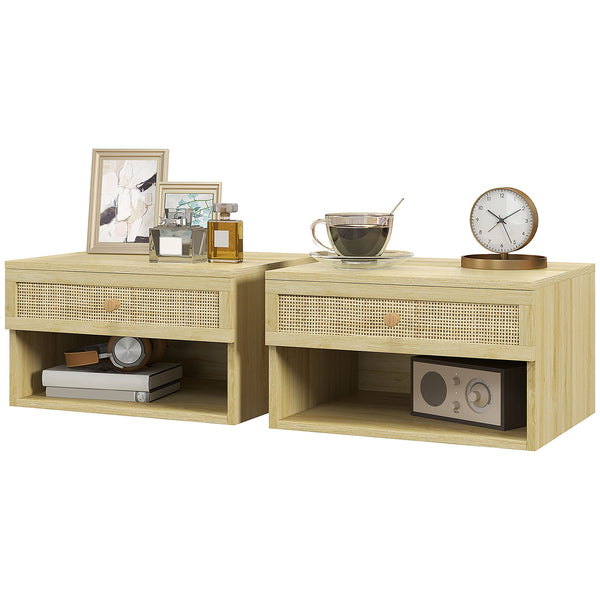 acquista Set 2 Comodini con Cassetto e Ripiani Aperti in stile Nordico 40x34x23 cm in Truciolato e Rattan