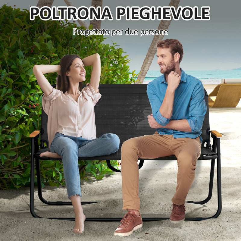 Sedia Panchina da Campeggio 2 Posti Pieghevole 108x65x73cm in Acciaio e tessuto Oxford Nero-7