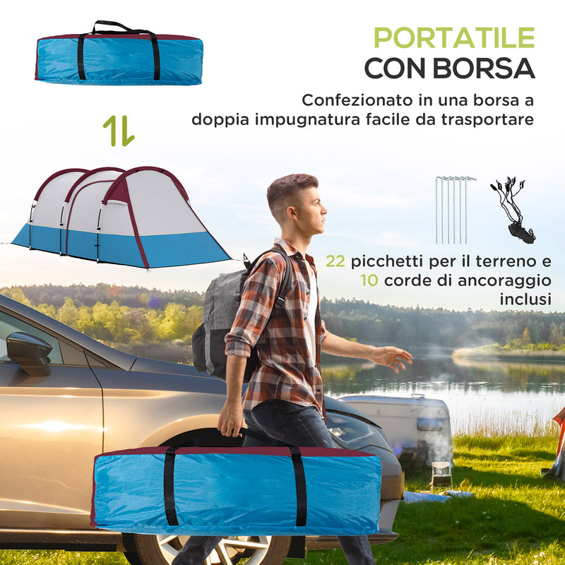 Tenda da Campeggio Impermeabile con 2 Aree e 3 Ingressi 420x200x150 cm in Poliestere e Fibra di Vetro Rosso-7