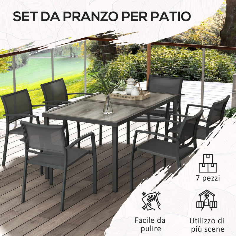 Set Tavolo e 6 Sedie Impilabili da Giardino in Tessuto a Rete e Tavolo Effetto Legno Grigio-6