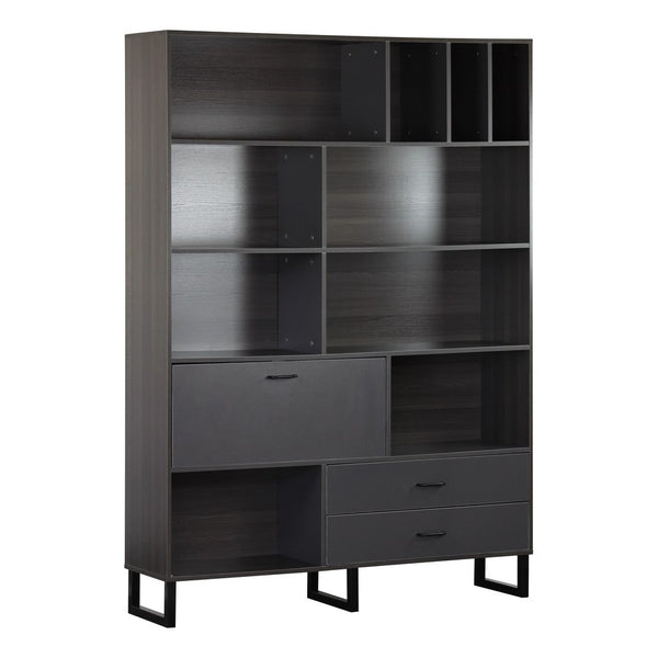 acquista Libreria 8 vani 2 cassetti 1 anta 140x195x35 cm in legno effetto olmo scuro e grigio