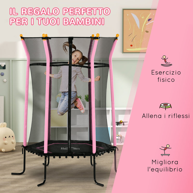 Trampolino Tappeto Elastico per Bambini con Ingresso a Cerniera e Pali Imbottiti Ø163.5x190 cm in Acciaio, PP e EPE Rosa -7