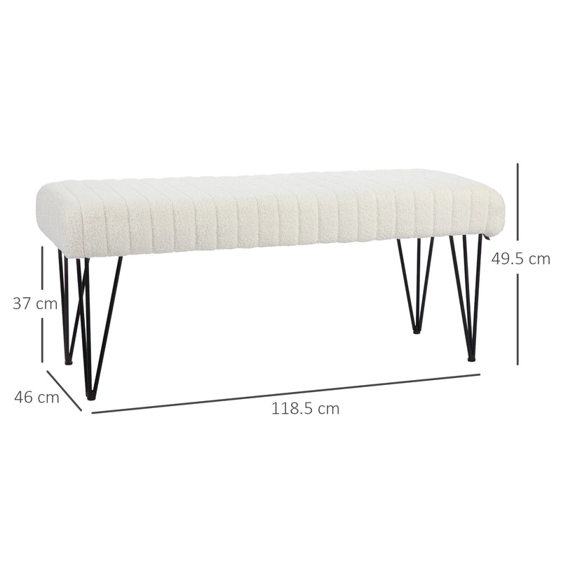 Panca Fondoletto in Tessuto Effetto Ciniglia Gambe a Forcina in Metallo 118,5x46x49,5 cm Crema  -3