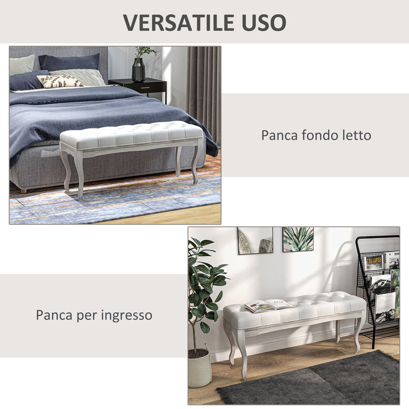 Panca Fondoletto Stile Vintage 110x37x49 cm in Tessuto Effetto Lino Bianco Crema  -6