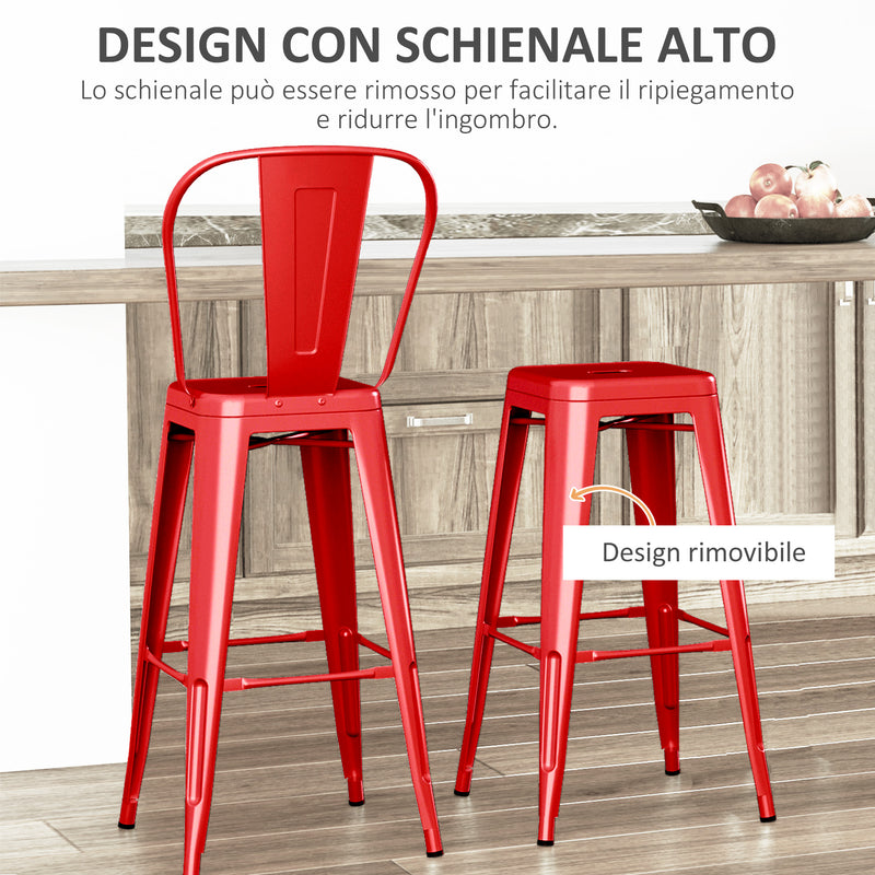 Set 2 Sgabelli da Bar Stile Industriale Schienale Rimovibile 44x49x116 cm in Metallo Rosso-4