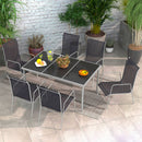 Set Tavolo con Top in Vetro 6 Sedie Impilabili da Giardino in Acciaio e Textilene Nero-2