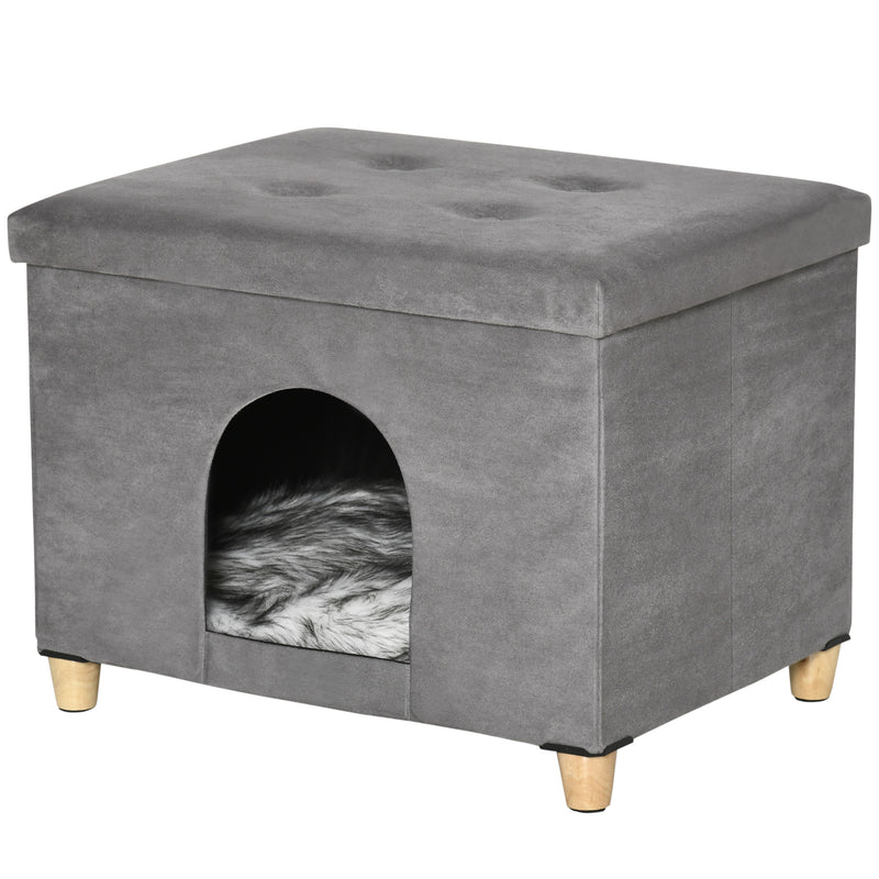 Casetta per Gatti Pouf Poggiapiedi Imbottito 60x45x44,5 cm con Cuscino Rimovibile e Lavabile Grigio-1