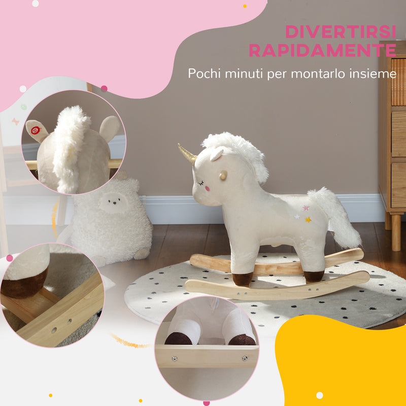 Cavallo a Dondolo per Bambini in Legno e Peluche Unicorno Bianco  -6