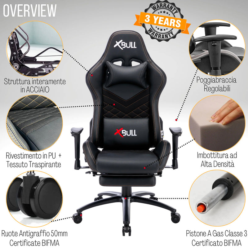 Sedia Gaming da Ufficio 68x55x129/139 cm con Poggiapiedi e Supporto Lombare Nera-6