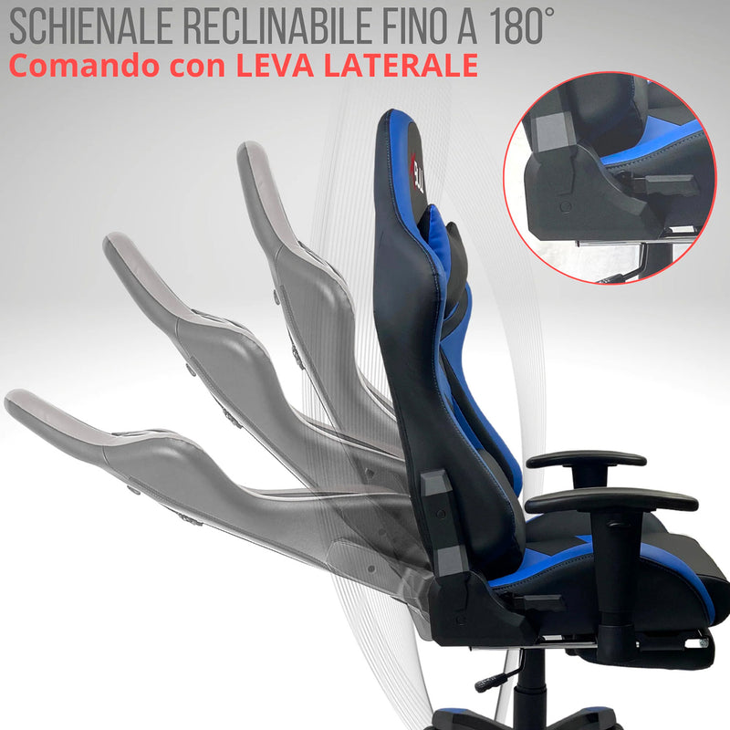 Sedia Gaming da Ufficio 68x55x129/139 cm con Poggiapiedi e Supporto Lombare Blu e Nero-9