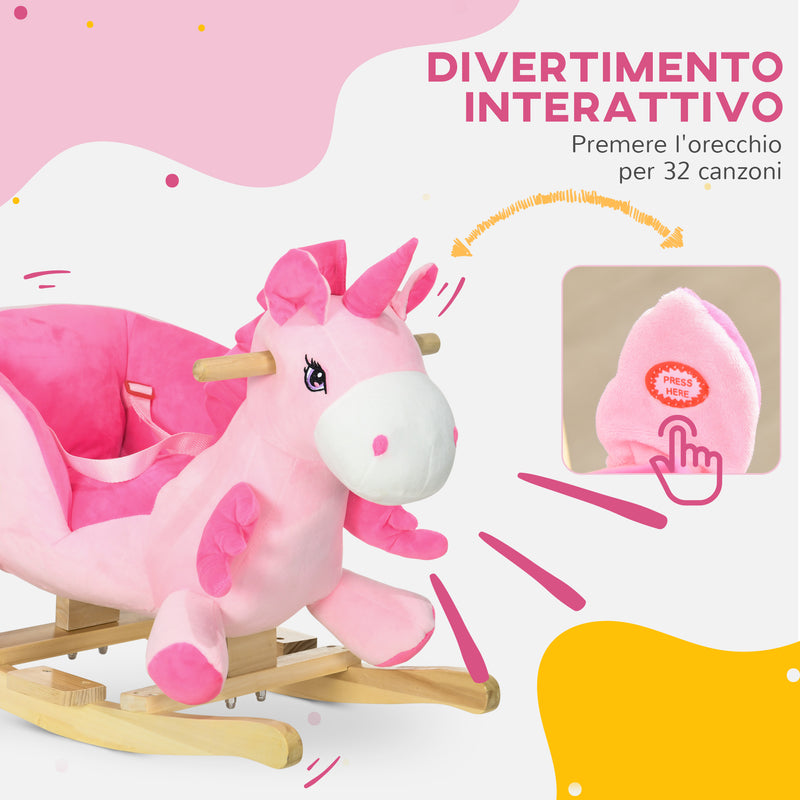 Unicorno a Dondolo Cavalcabile Peluche con 32 Canzoni 65x35x45 cm con Cintura di Sicurezza Rosa-4