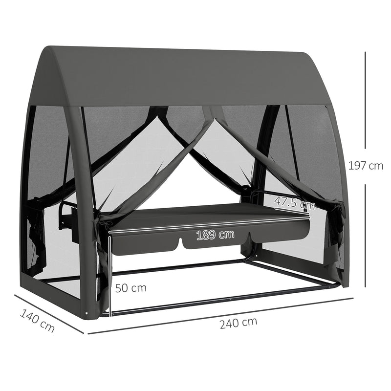 Dondolo da Giardino 2 in 1 Convertibile in Letto 240x140x197 cm con Cuscini e Zanzariera Grigio-3