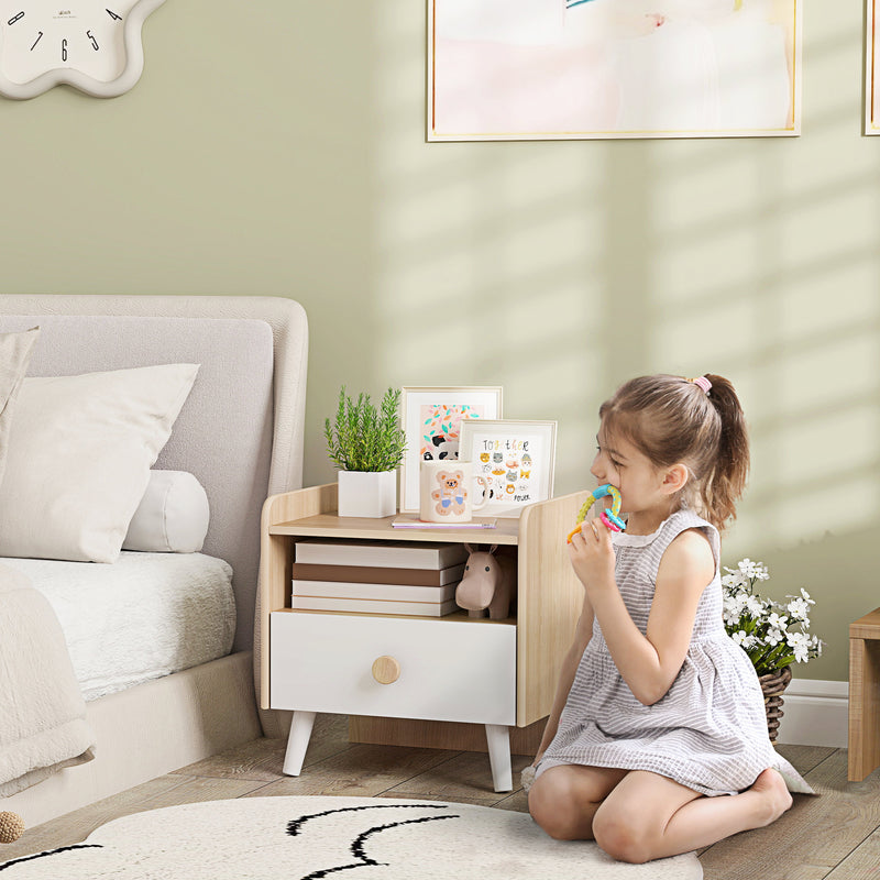 Comodino per Bambini con Cassetto e Vano a Giorno 40x32.5x40 cm in Legno Bianco -2