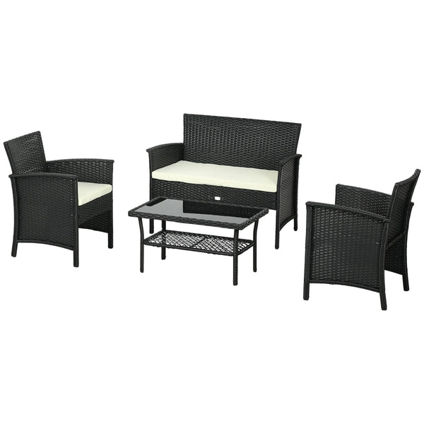 Set Salotto da Giardino Divano 2 Poltrone con Cuscini e Tavolino in Vetro in Rattan PE Nero acquista