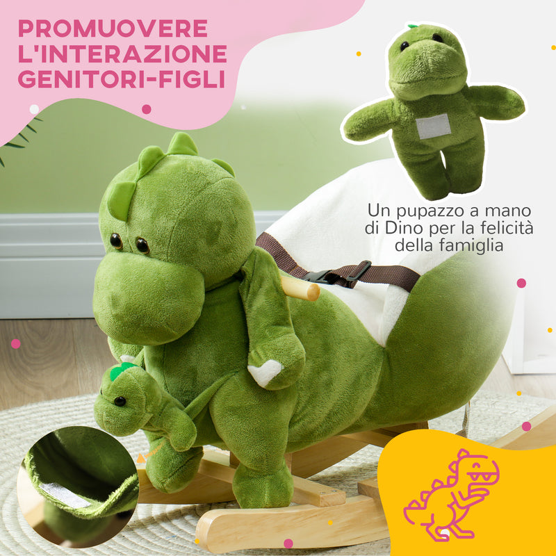 Cavallo a Dondolo per Bambini 32 Melodie in Legno e Peluche Dinosauro Verde -5